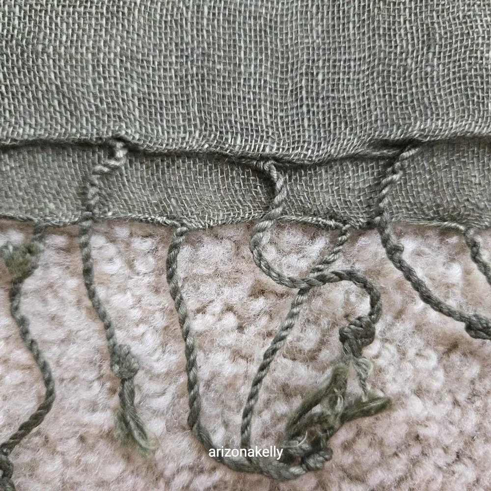 Linen Scarf Olive Green Fringe - Picture 8 of 9